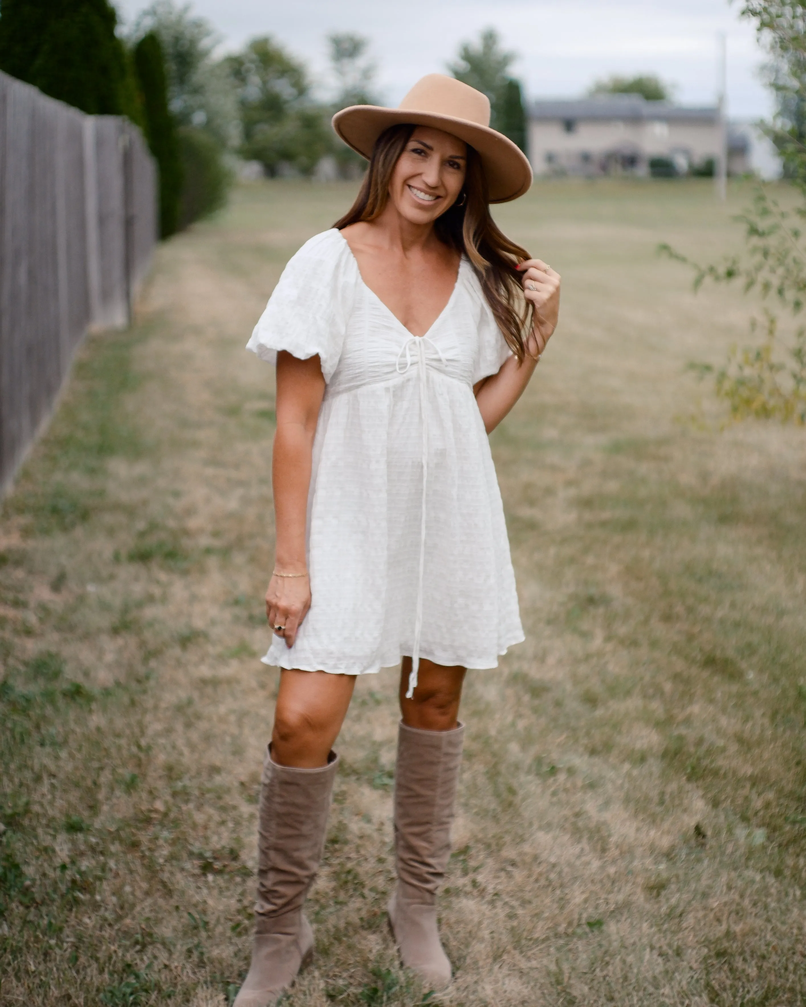 PURE SWEETNESS TEXTURED PUFF SLEEVE TIE  MINI DRESS - WHITE