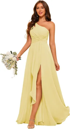 Raseal Chiffon One Shoulder Bridesmaid Dress with Pleated Bodice Long A Line Prom Dress for Women RS028