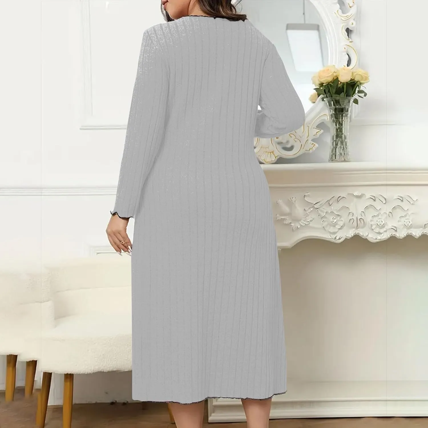 Ribbed Knit Dress for Women 2025 Trendy V Neck Long Sleeve Bodycon Midi Dresses Plus Size Fashion Comfy Slim Dress