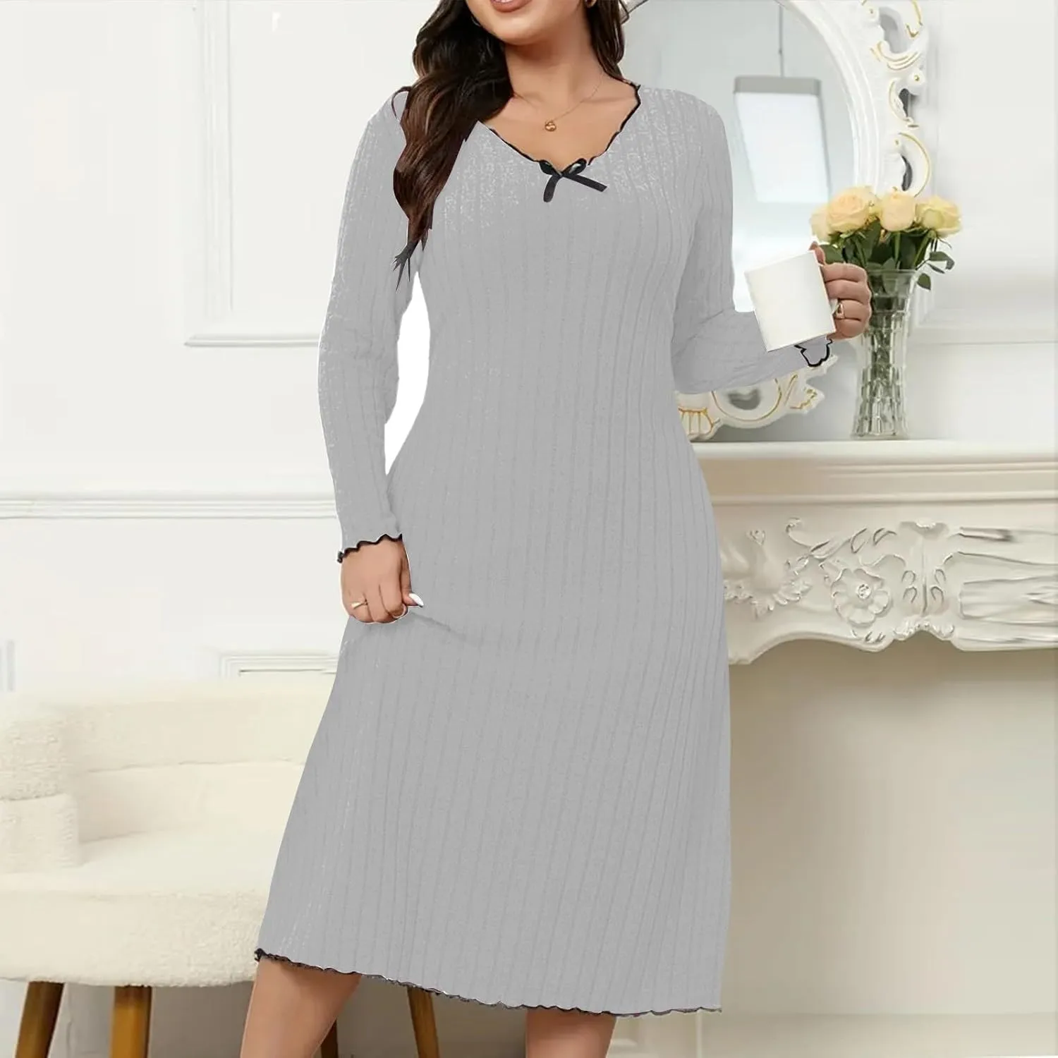 Ribbed Knit Dress for Women 2025 Trendy V Neck Long Sleeve Bodycon Midi Dresses Plus Size Fashion Comfy Slim Dress