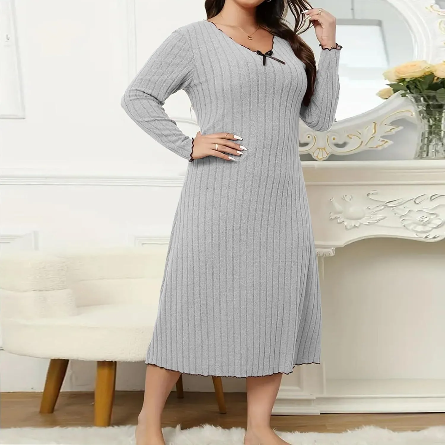 Ribbed Knit Dress for Women 2025 Trendy V Neck Long Sleeve Bodycon Midi Dresses Plus Size Fashion Comfy Slim Dress