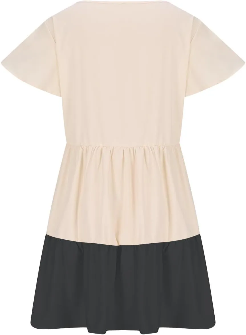 Ruffle Mini Dress for Women 2025 Summer Keyhole Sleeve A Line Dress Colorblock Pleated Beach Vacation Sundress