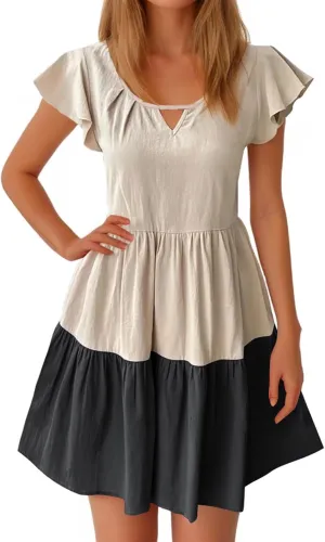 Ruffle Mini Dress for Women 2025 Summer Keyhole Sleeve A Line Dress Colorblock Pleated Beach Vacation Sundress