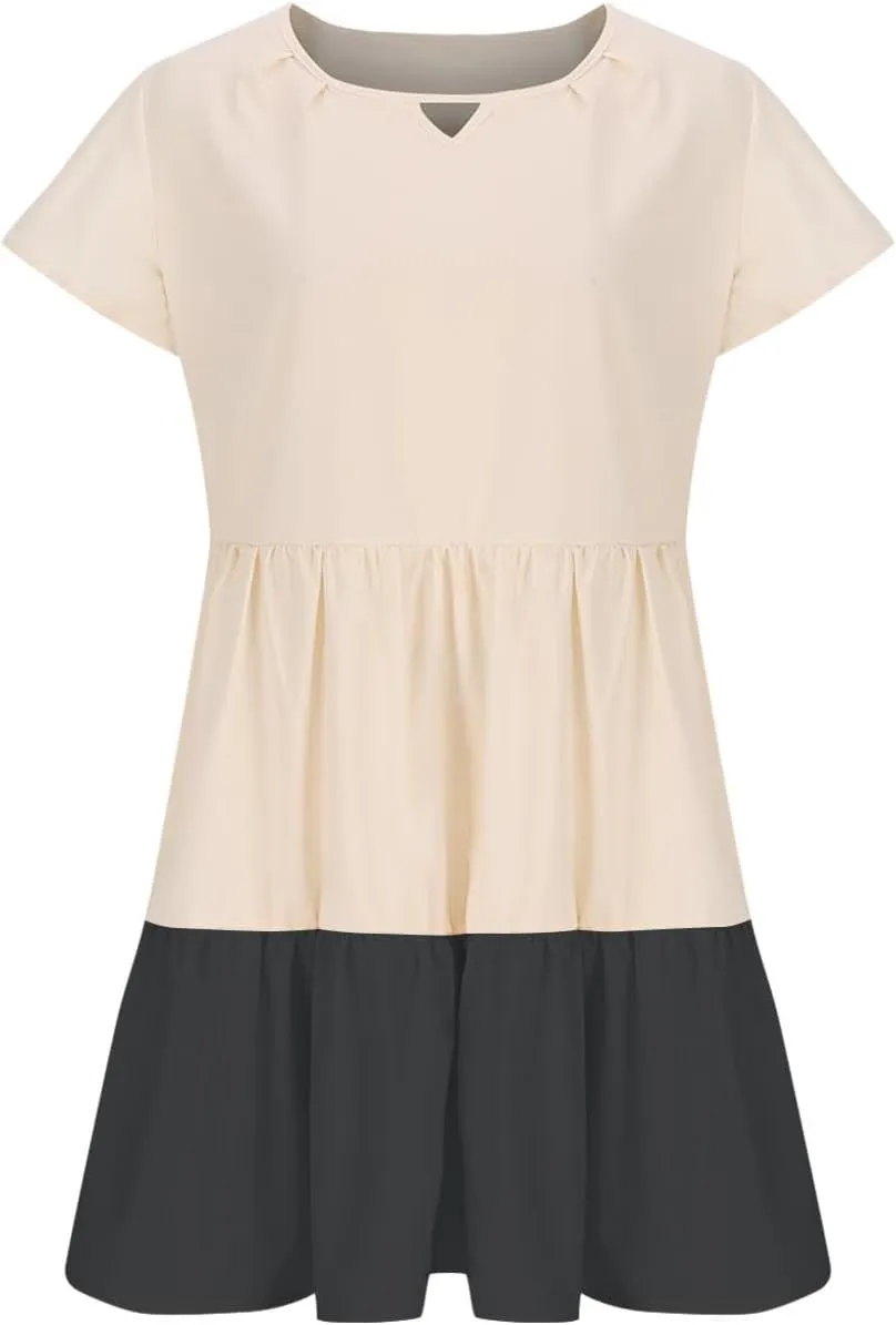 Ruffle Mini Dress for Women 2025 Summer Keyhole Sleeve A Line Dress Colorblock Pleated Beach Vacation Sundress