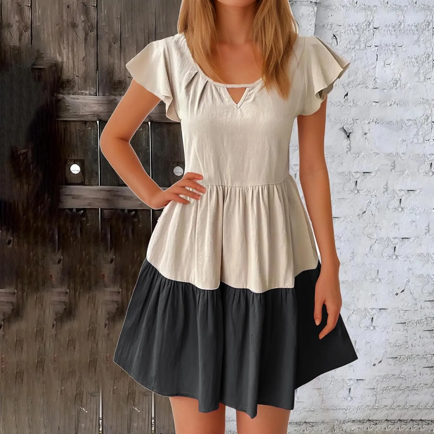 Ruffle Mini Dress for Women 2025 Summer Keyhole Sleeve A Line Dress Colorblock Pleated Beach Vacation Sundress