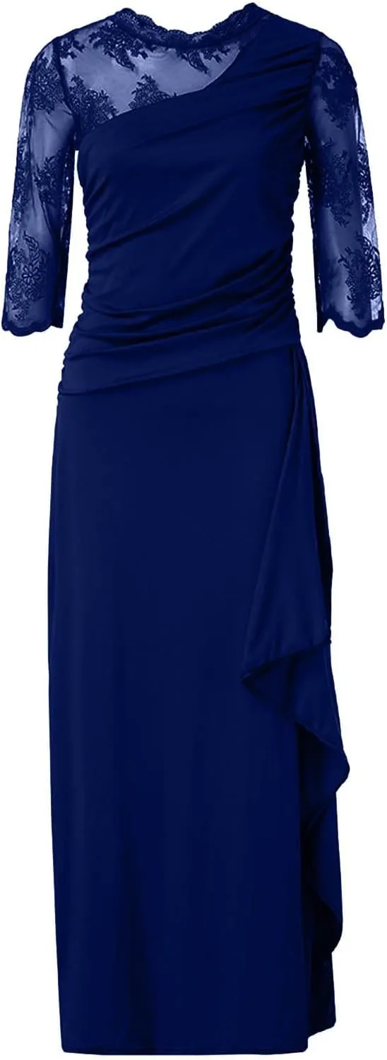 Rvidbe Formal Dresses for Women Wedding Guest Half Sleeve Crew Neck Maxi Evening Dress Chiffon Ruched Lace Ruffle Long Gown