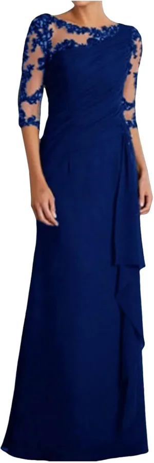 Rvidbe Formal Dresses for Women Wedding Guest Half Sleeve Crew Neck Maxi Evening Dress Chiffon Ruched Lace Ruffle Long Gown