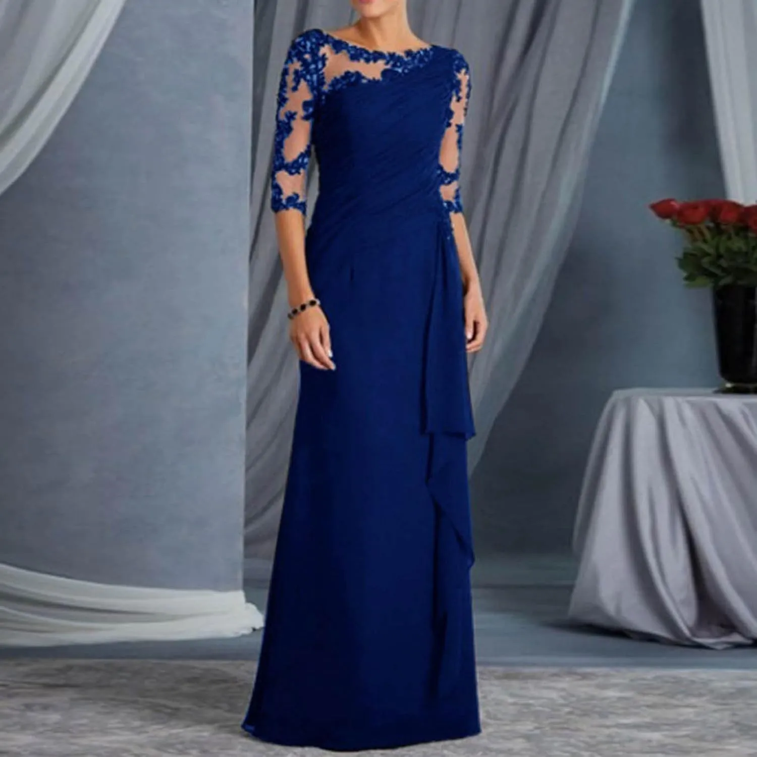 Rvidbe Formal Dresses for Women Wedding Guest Half Sleeve Crew Neck Maxi Evening Dress Chiffon Ruched Lace Ruffle Long Gown