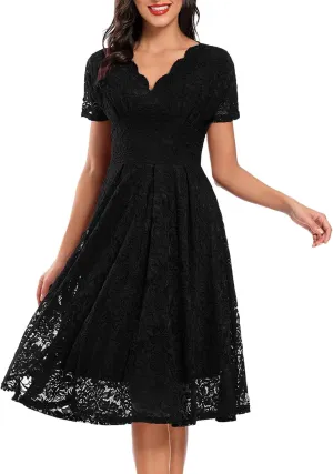 Rvidbe Lace Dress for Women Short Sleeve V Neck Empire Waist A-Line Midi Dresses Wedding Bridesmaid Party Evening Dresses