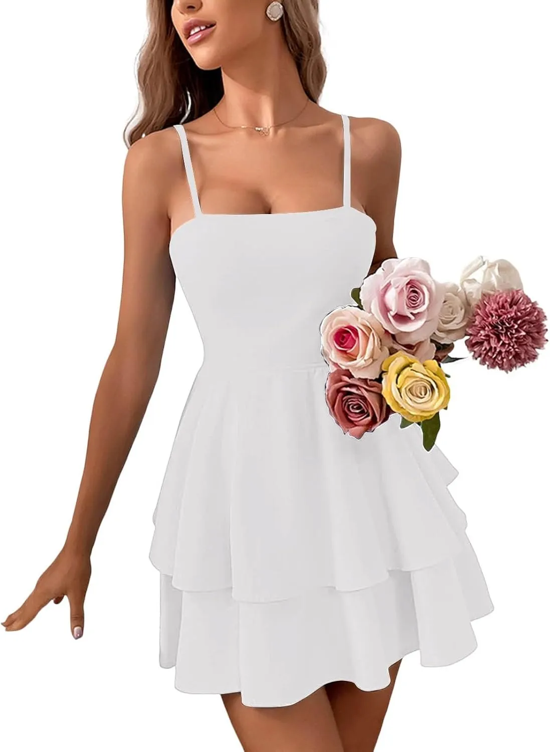 Rvidbe Women's Backless Bow Tie Short Dress 2025 Summer Casual Spaghetti Strap Tiered Ruffle Mini Dresses Party Club Outfit