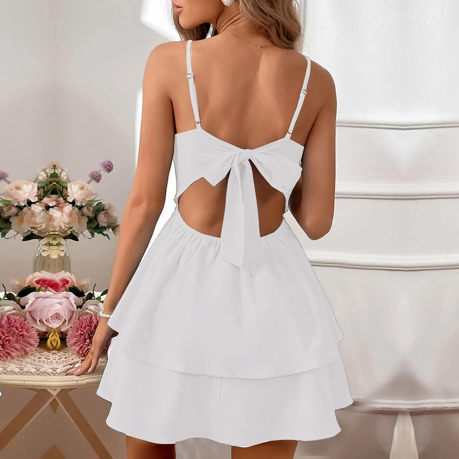 Rvidbe Women's Backless Bow Tie Short Dress 2025 Summer Casual Spaghetti Strap Tiered Ruffle Mini Dresses Party Club Outfit