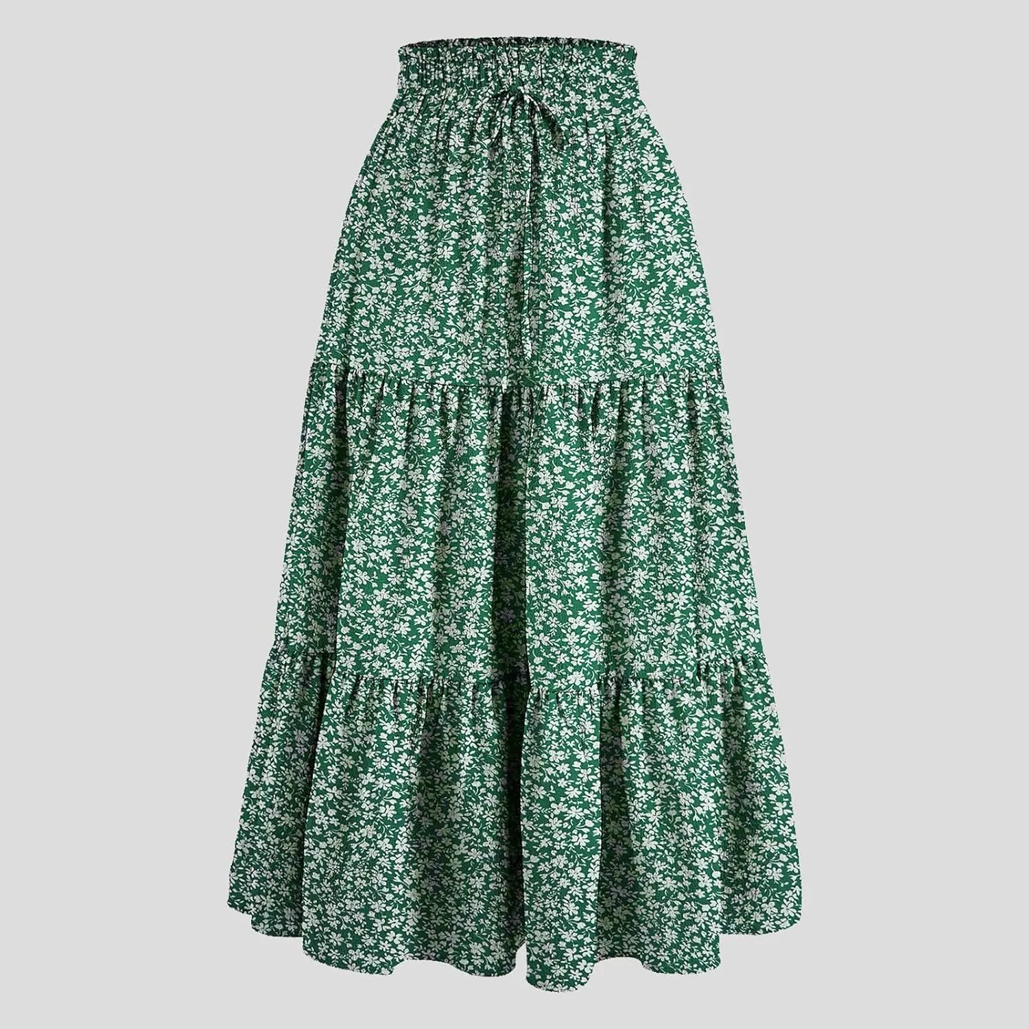 Rvidbe Women's Summer Casual Maxi Skirt Pleated A-Line Flowy Ruffle Tiered Elastic High Waist Vacation Beach Long Skirts