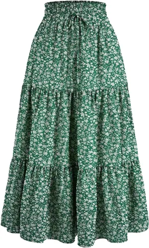 Rvidbe Women's Summer Casual Maxi Skirt Pleated A-Line Flowy Ruffle Tiered Elastic High Waist Vacation Beach Long Skirts
