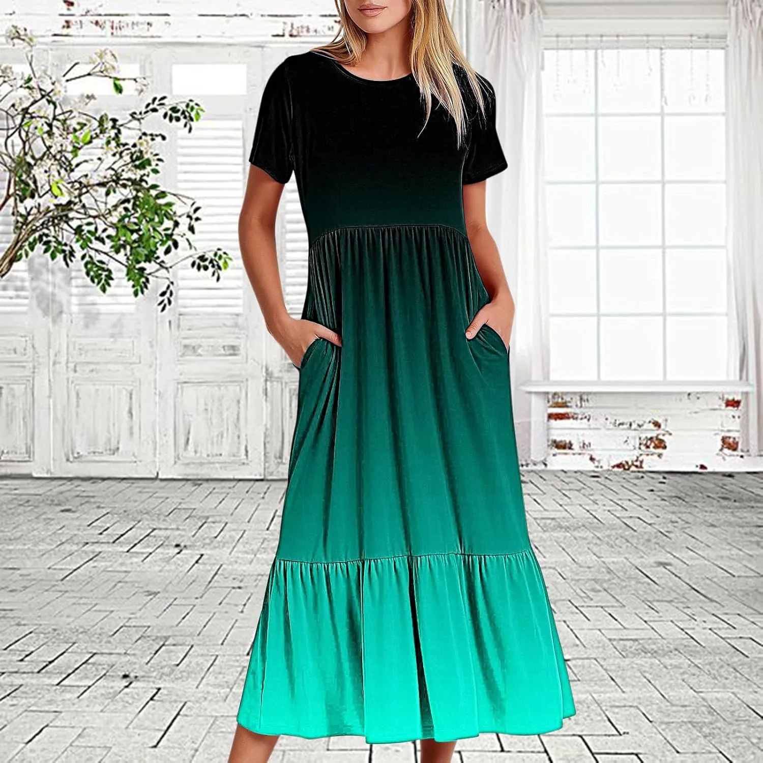 Semi Formal Dresses for Women 2024 Trendy Spring Short Sleeve Gradient Maxi Long Dress Ruffle Flowy Resort Sundress