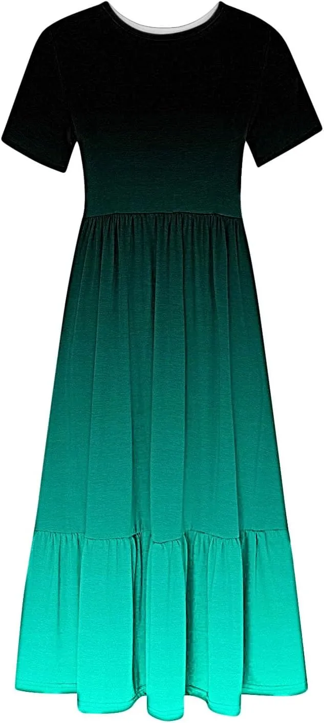 Semi Formal Dresses for Women 2024 Trendy Spring Short Sleeve Gradient Maxi Long Dress Ruffle Flowy Resort Sundress