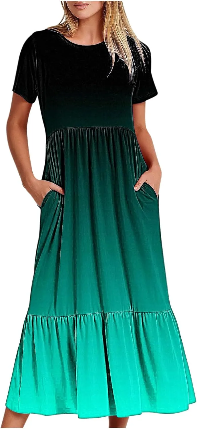 Semi Formal Dresses for Women 2024 Trendy Spring Short Sleeve Gradient Maxi Long Dress Ruffle Flowy Resort Sundress