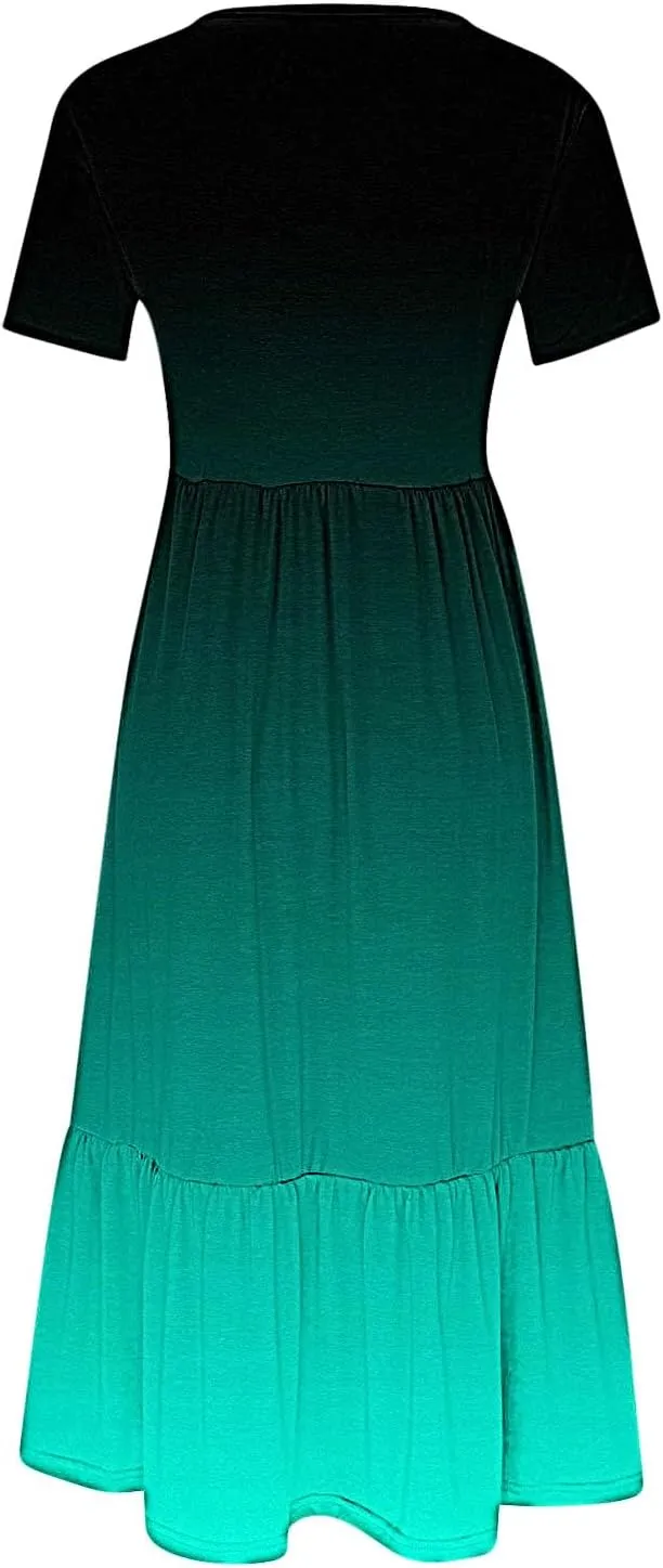 Semi Formal Dresses for Women 2024 Trendy Spring Short Sleeve Gradient Maxi Long Dress Ruffle Flowy Resort Sundress