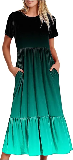 Semi Formal Dresses for Women 2024 Trendy Spring Short Sleeve Gradient Maxi Long Dress Ruffle Flowy Resort Sundress
