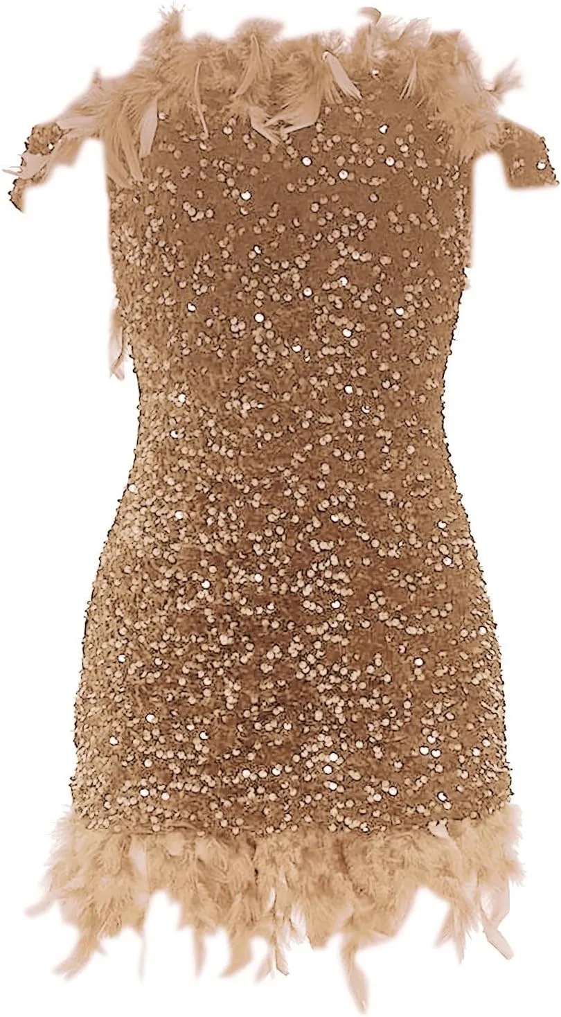 Sequin Feather Dress for Women Bodycon Short Dresses Off Shoulder Mini Dress Plus Size Club Party Night Outfits
