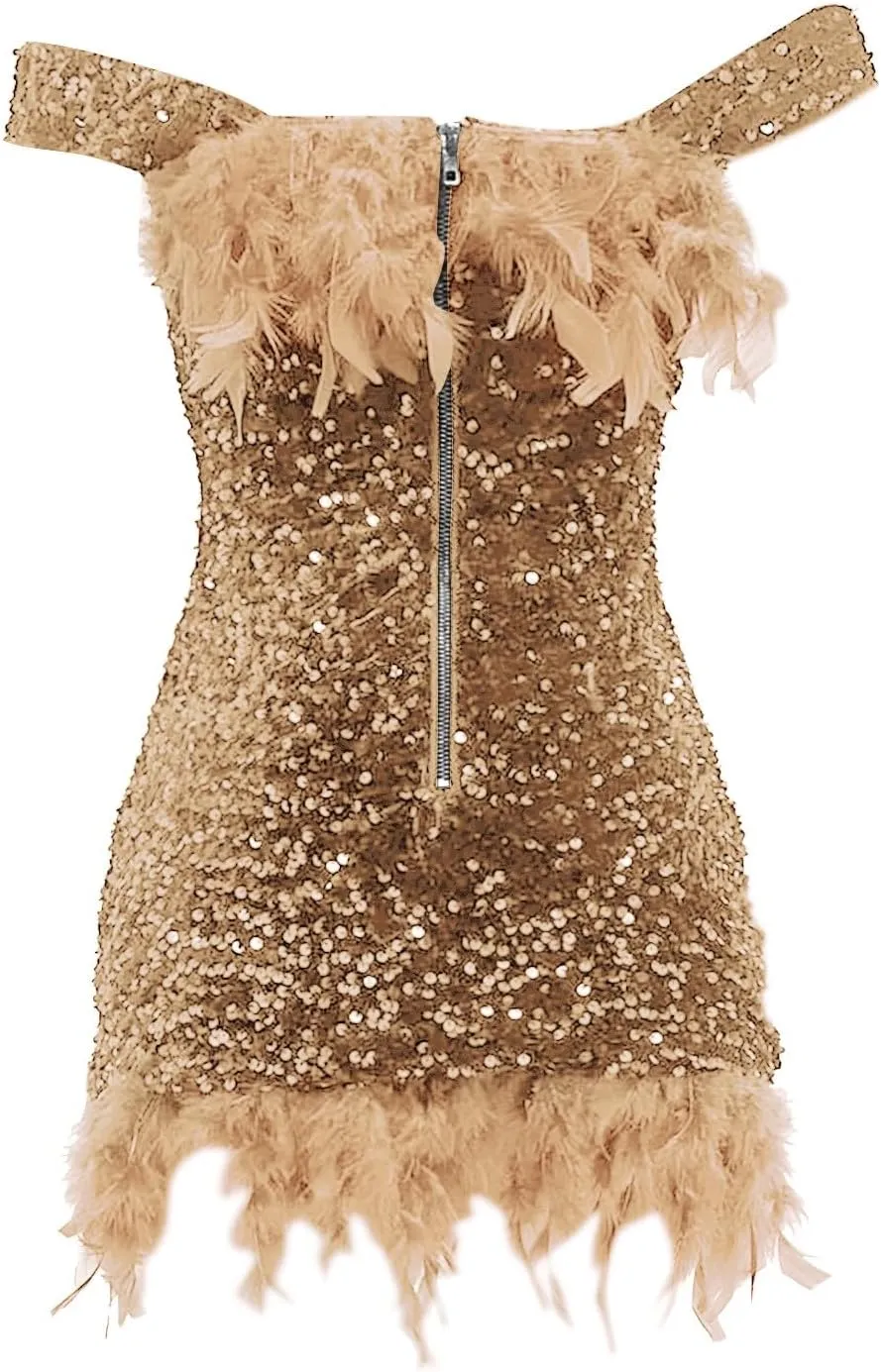 Sequin Feather Dress for Women Bodycon Short Dresses Off Shoulder Mini Dress Plus Size Club Party Night Outfits