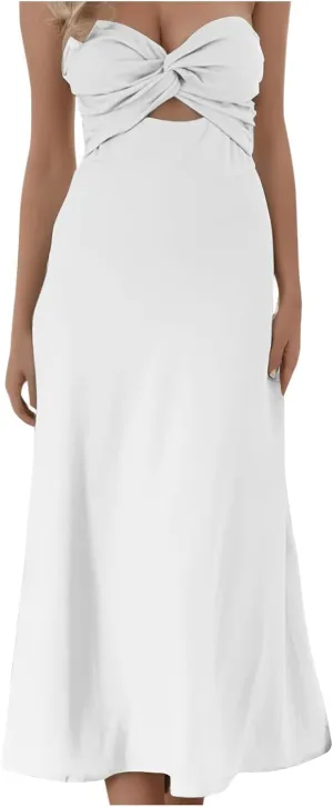 Sexy Front Strapless Sweetheart Neckline Midi Dresses for Women Smocked Cutout Tube Linen Dress Summer Dress Knee