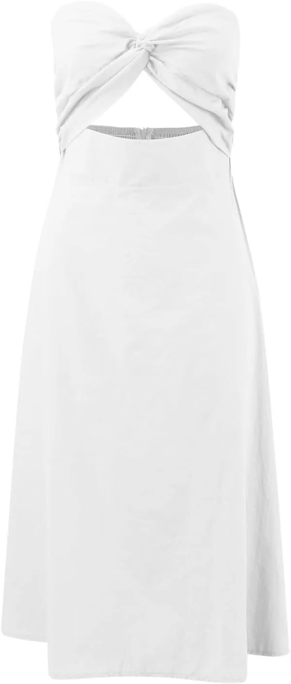 Sexy Front Strapless Sweetheart Neckline Midi Dresses for Women Smocked Cutout Tube Linen Dress Summer Dress Knee