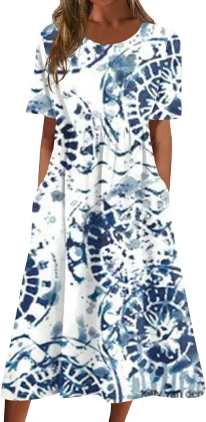 SGASY Women Short Sleeve Dress 2024 Spring Summer Loose Floral Casual Summer Flowy Tiered Long Maxi Dresses with Pockets