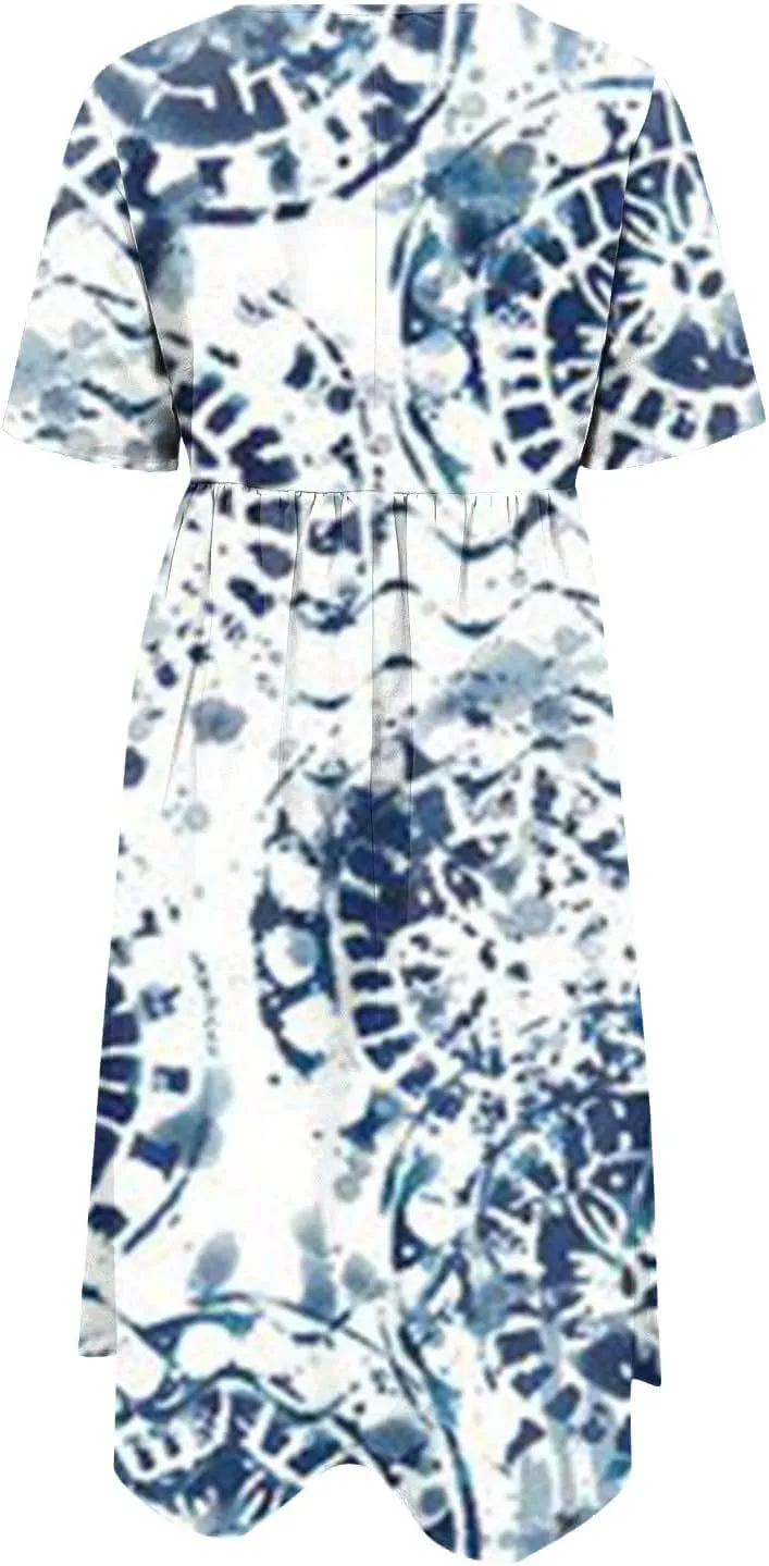 SGASY Women Short Sleeve Dress 2024 Spring Summer Loose Floral Casual Summer Flowy Tiered Long Maxi Dresses with Pockets