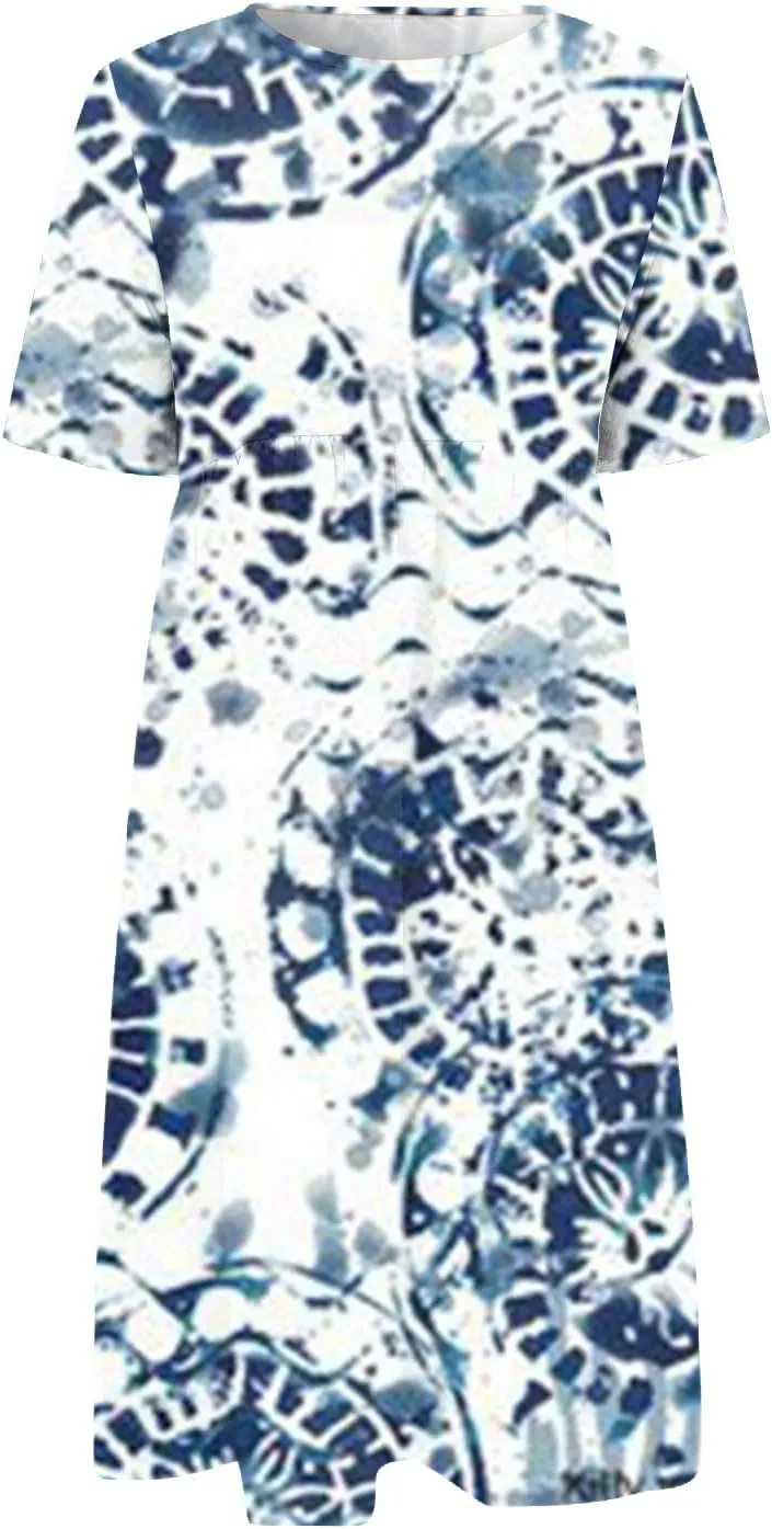 SGASY Women Short Sleeve Dress 2024 Spring Summer Loose Floral Casual Summer Flowy Tiered Long Maxi Dresses with Pockets