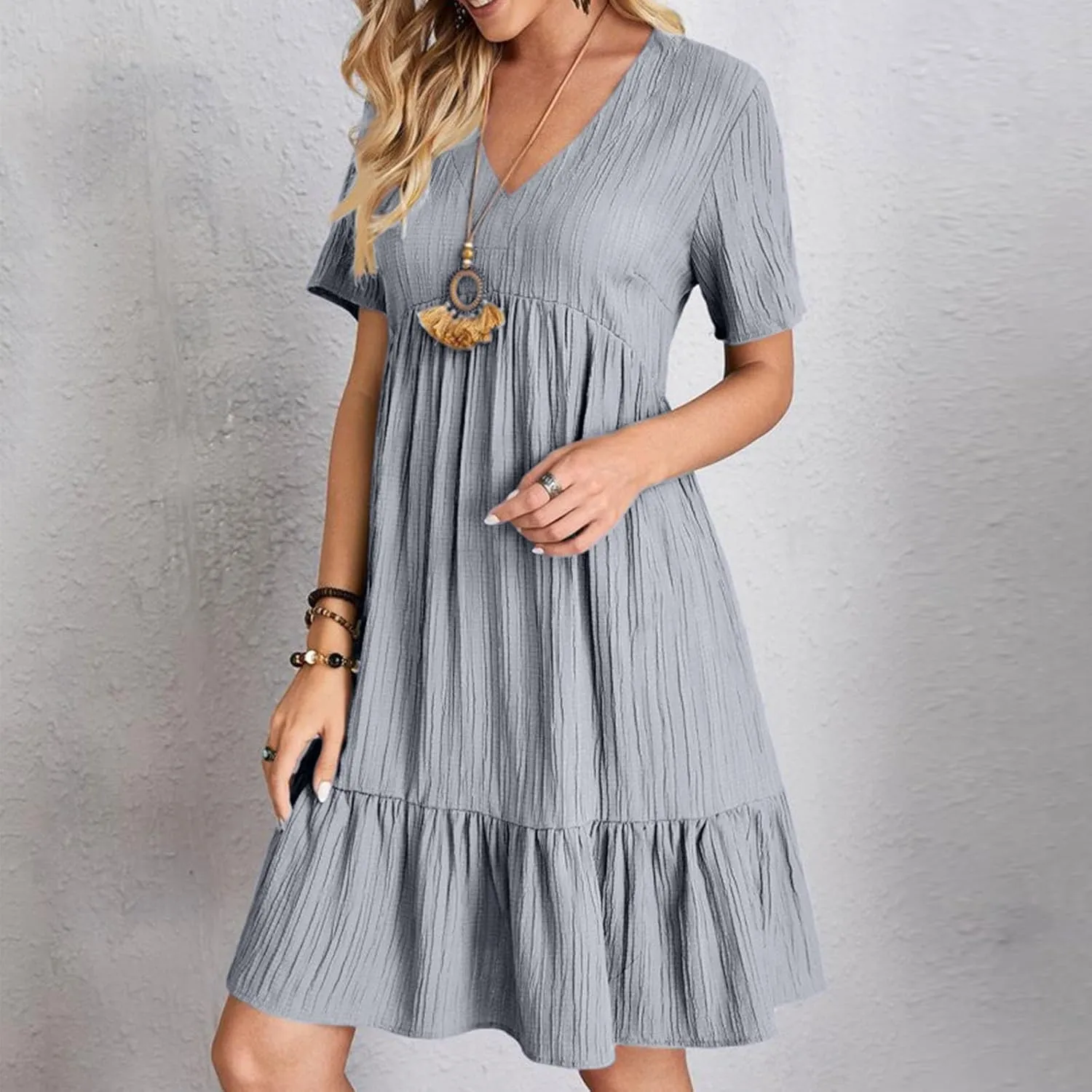 Short Sleeve Dress for Women Casual V-Neck A-Line Dress with Ruffle Hem Vestidos Casuales para Mujer