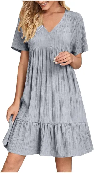 Short Sleeve Dress for Women Casual V-Neck A-Line Dress with Ruffle Hem Vestidos Casuales para Mujer