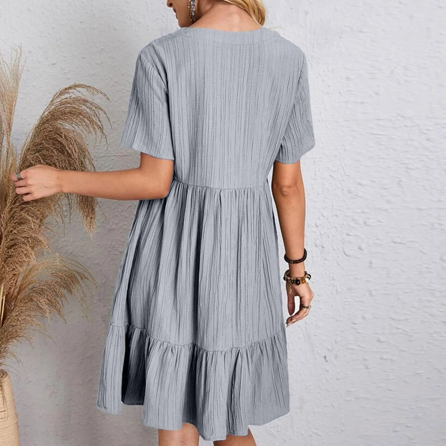 Short Sleeve Dress for Women Casual V-Neck A-Line Dress with Ruffle Hem Vestidos Casuales para Mujer