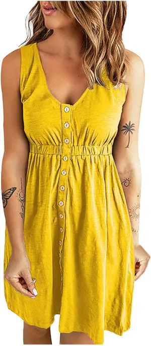 Sinzelimin Dresses for Women 2024 Casual Summer Sleeveless V-Neck Mini Dress, Women's Trendy Beach Sundresses Tank Dresses