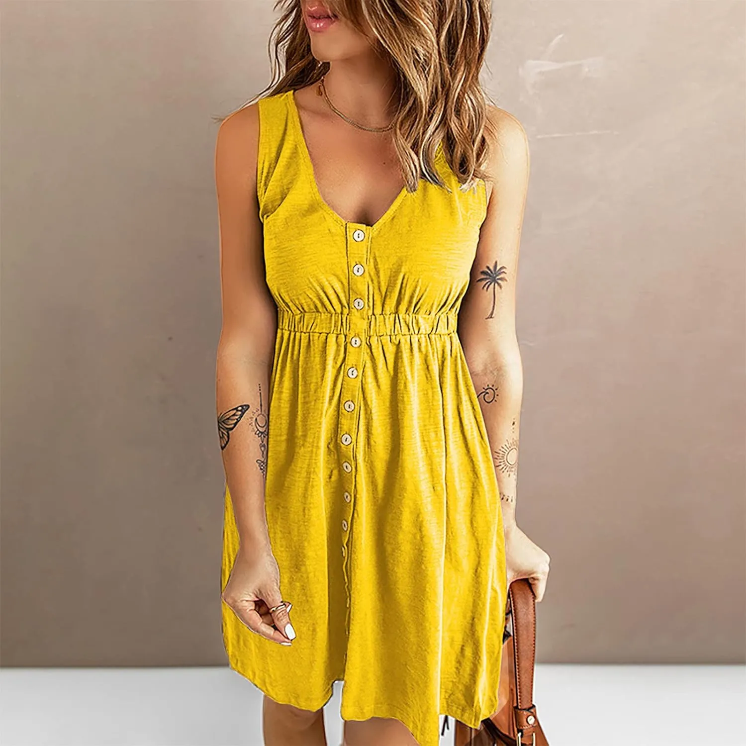 Sinzelimin Dresses for Women 2024 Casual Summer Sleeveless V-Neck Mini Dress, Women's Trendy Beach Sundresses Tank Dresses