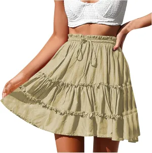 Skirts for Women 2024 Boho Summer A-Line Pleated Skirt Casual Elastic High Waist Tiered Ruffle Flowy Cute Mini Skirt