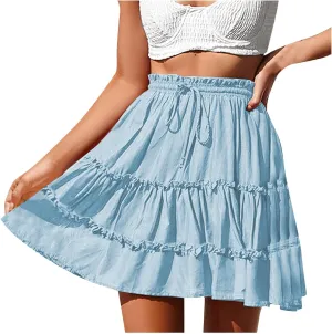 Skirts for Women 2025 Boho Summer A-Line Pleated Skirt Casual Elastic High Waist Tiered Ruffle Flowy Cute Mini Skirt