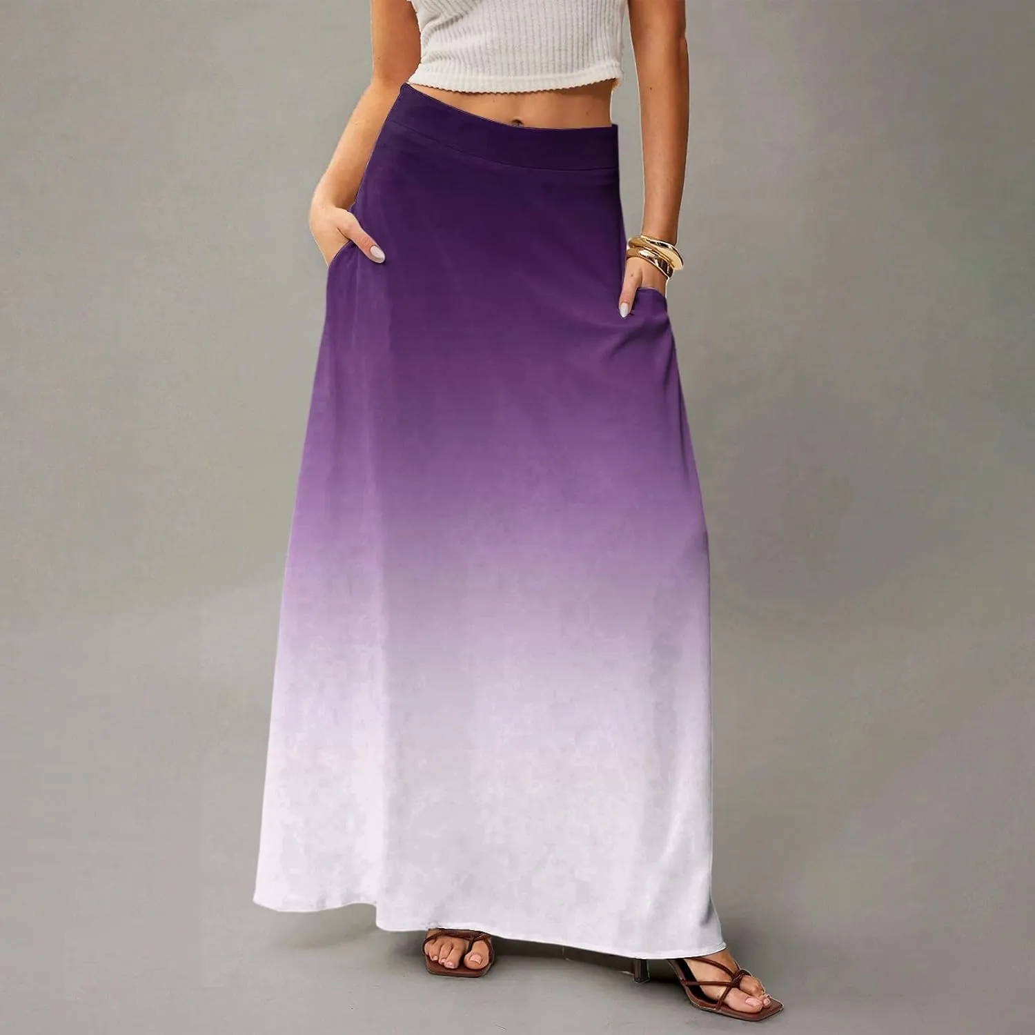 Skirts for Women Midi Length High Waisted Pleated A-Line Summer Swing Long Work Office with Pockets