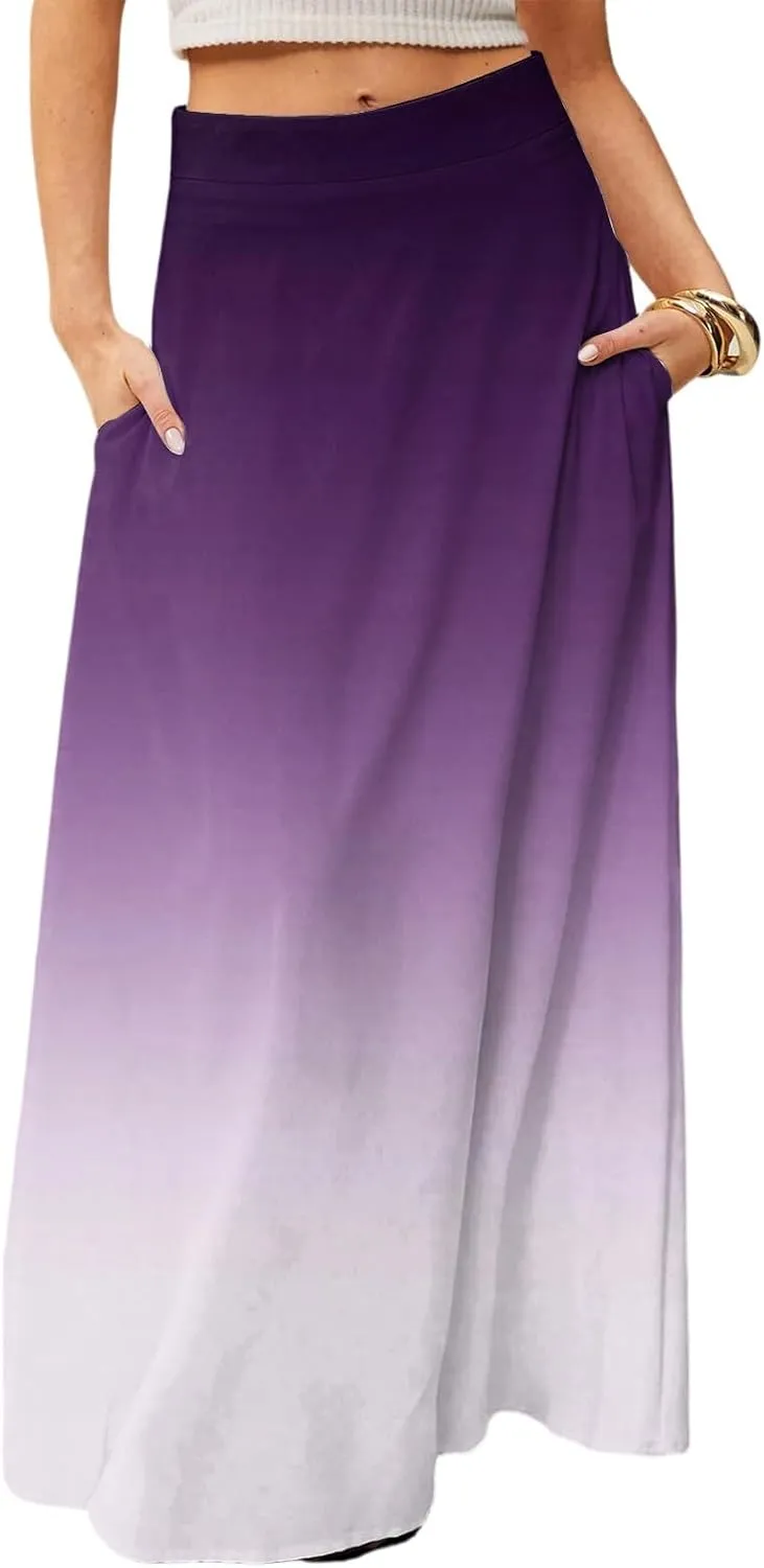 Skirts for Women Midi Length High Waisted Pleated A-Line Summer Swing Long Work Office with Pockets