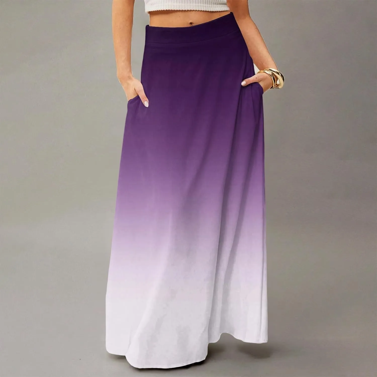 Skirts for Women Midi Length High Waisted Pleated A-Line Summer Swing Long Work Office with Pockets