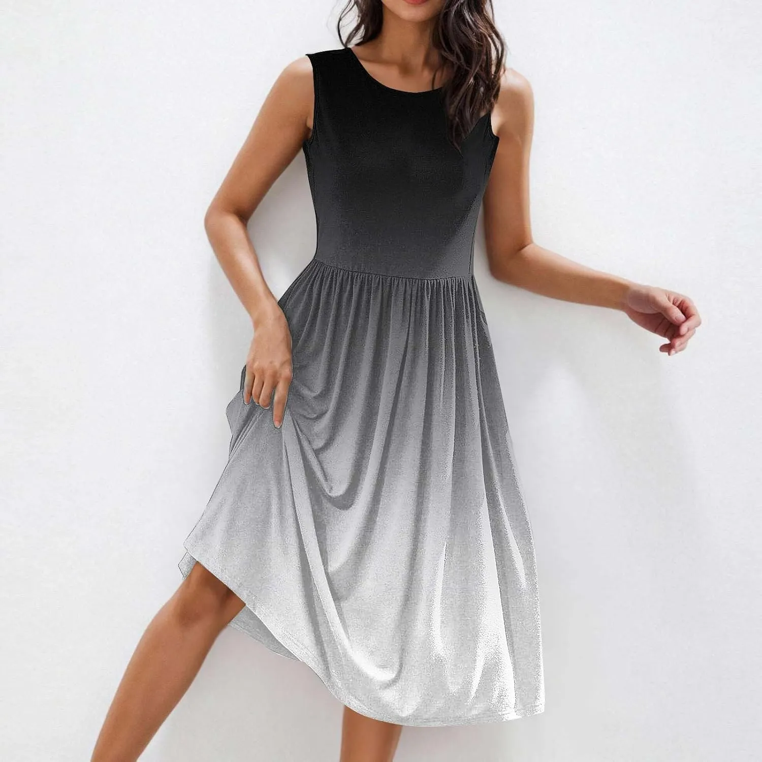 Sleeveless A-Line Beach Dress for Women Crewneck Midi Dresses Summer Casual Loose Flowy Tshirt Dress with Pockets