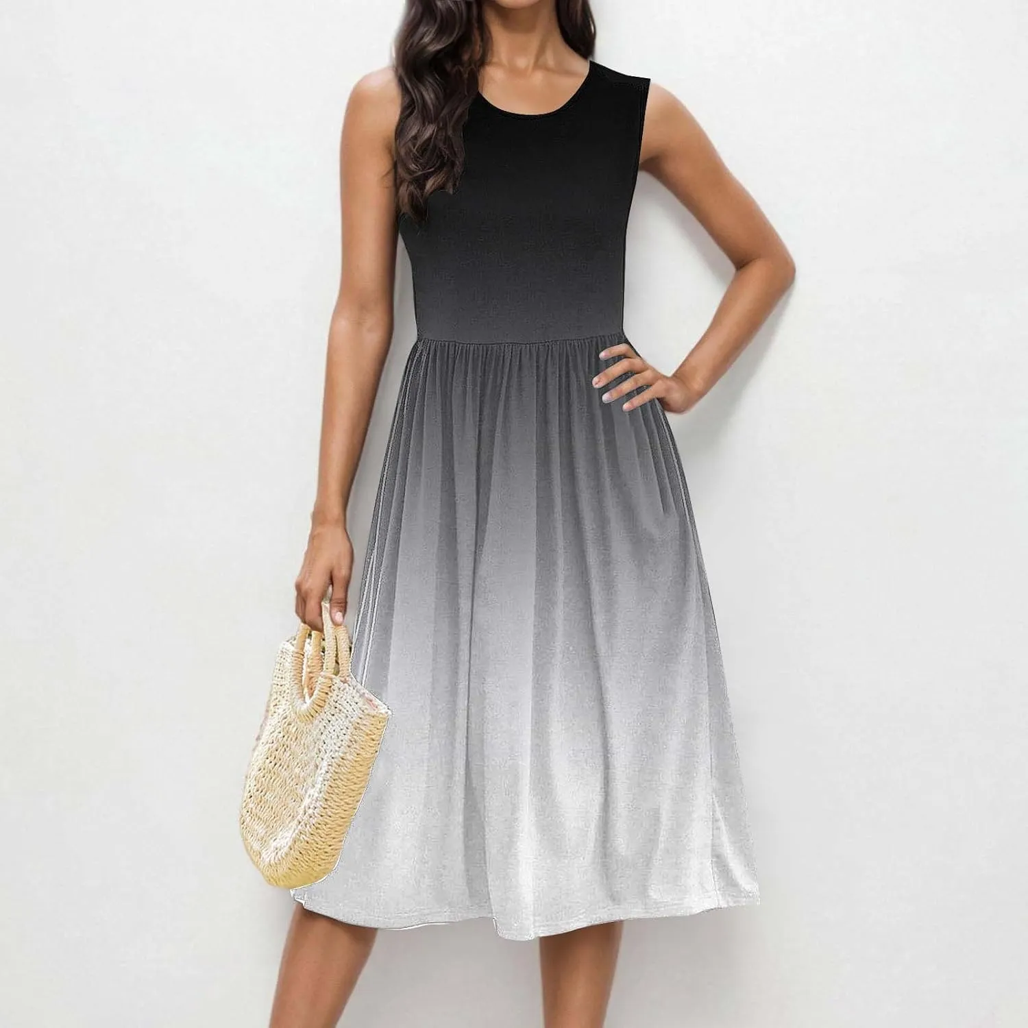 Sleeveless A-Line Beach Dress for Women Crewneck Midi Dresses Summer Casual Loose Flowy Tshirt Dress with Pockets