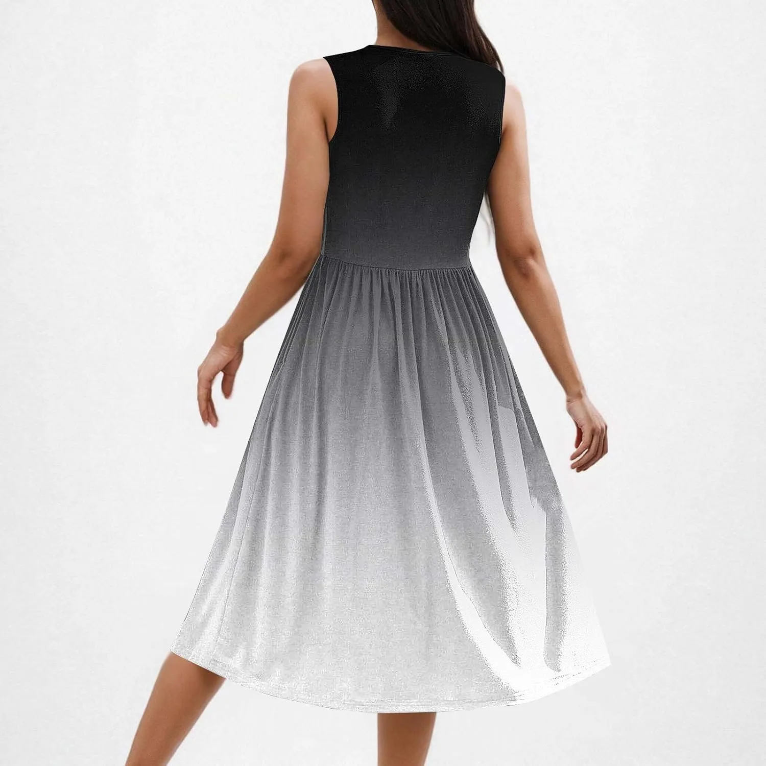 Sleeveless A-Line Beach Dress for Women Crewneck Midi Dresses Summer Casual Loose Flowy Tshirt Dress with Pockets