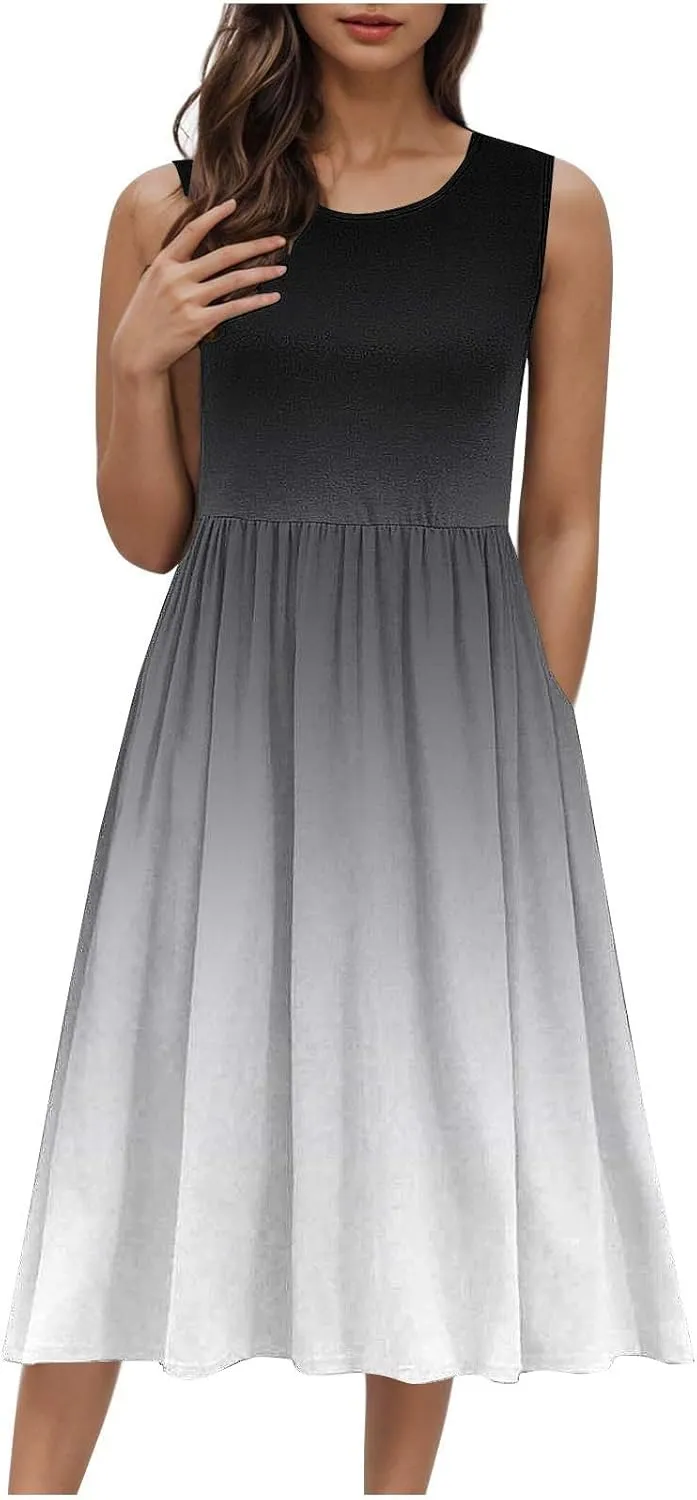 Sleeveless A-Line Beach Dress for Women Crewneck Midi Dresses Summer Casual Loose Flowy Tshirt Dress with Pockets