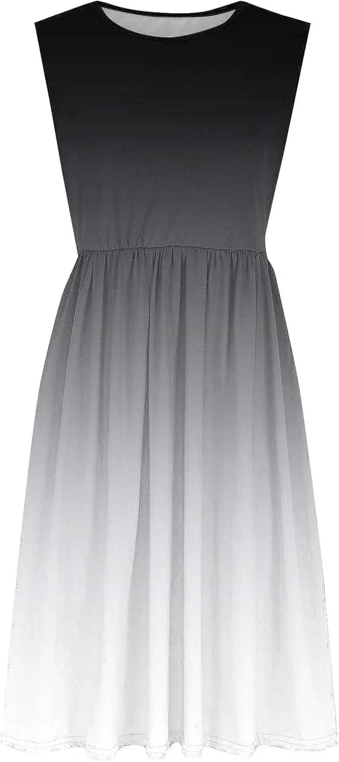 Sleeveless A-Line Beach Dress for Women Crewneck Midi Dresses Summer Casual Loose Flowy Tshirt Dress with Pockets