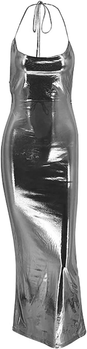 Sleeveless Backless Maxi Dress Women's Shiny Spaghetti Strap Bodycon Maxi Dresses Sexy Glitter Metallic Dress