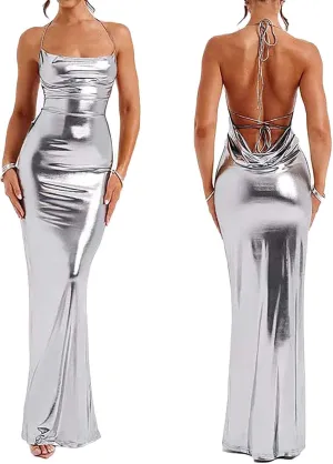 Sleeveless Backless Maxi Dress Women's Shiny Spaghetti Strap Bodycon Maxi Dresses Sexy Glitter Metallic Dress
