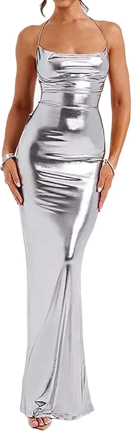 Sleeveless Backless Maxi Dress Women's Shiny Spaghetti Strap Bodycon Maxi Dresses Sexy Glitter Metallic Dress