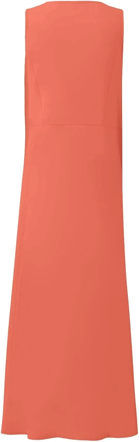 Sleeveless Dress for Women Casual Cute Maxi Sundresses Midi Length Plain Plus Size Linen House Tank Dresses with Pockets