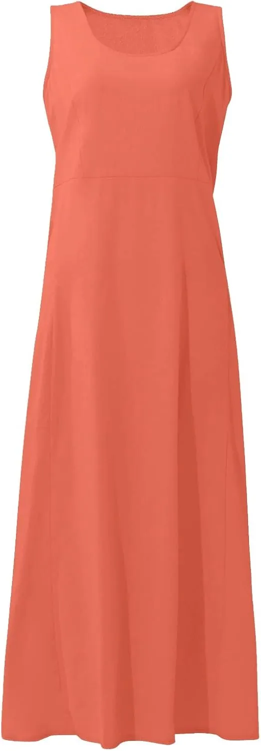 Sleeveless Dress for Women Casual Cute Maxi Sundresses Midi Length Plain Plus Size Linen House Tank Dresses with Pockets