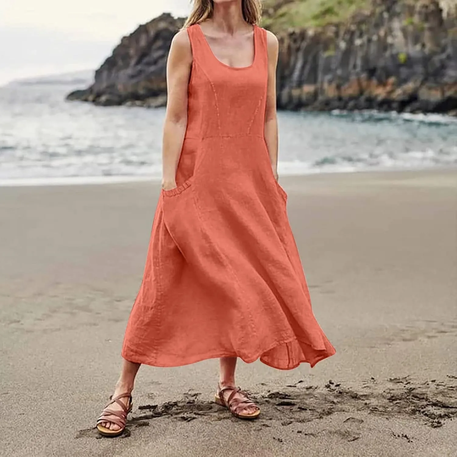 Sleeveless Dress for Women Casual Cute Maxi Sundresses Midi Length Plain Plus Size Linen House Tank Dresses with Pockets